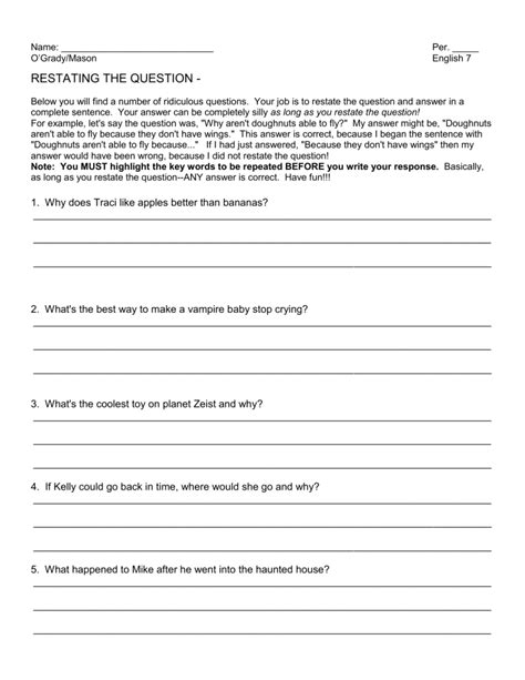 restating the question worksheet pdf free